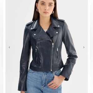 NWOT Lamarque Donna Gold Iconic Leather Biker Jacket in Navy Blue Sz XS